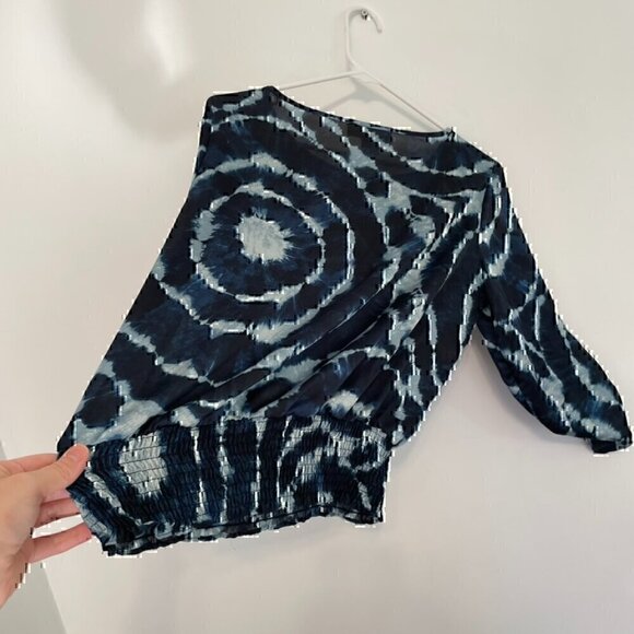 MICHAEL MICHAEL KORS Navy Blue Tie Dye Satin 3/4 Sleeve Roll Tab Blouse PETITE S - Picture 12 of 13